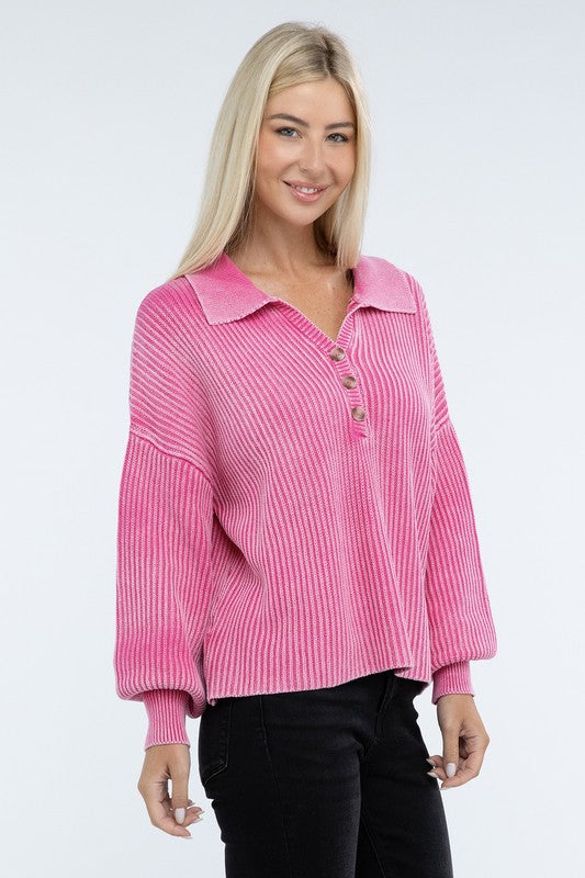 Washed Collared Henley Sweater Low Gauge Heavyweight Sweater