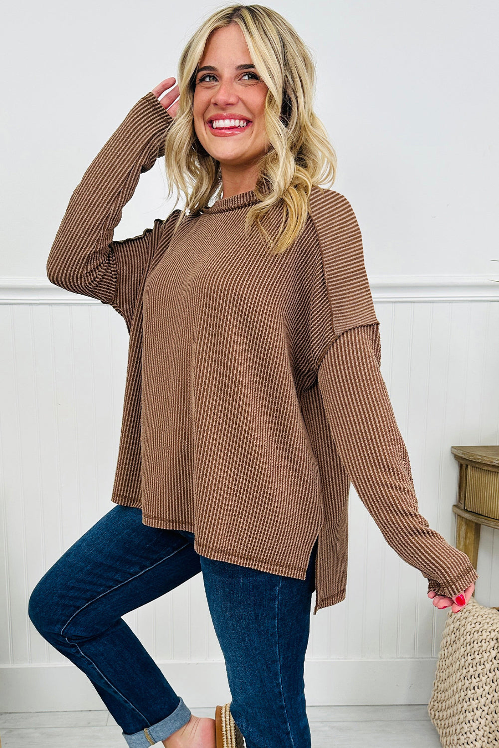 Dark Khaki Twist Ribbed Long Sleeve Loose Top