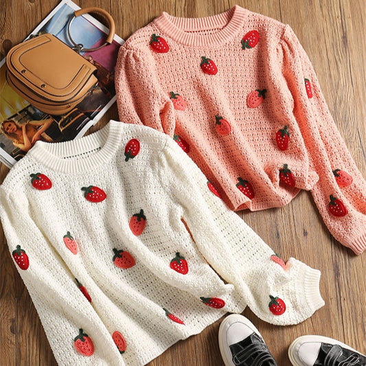 Strawberry Pattern Crew Neck Long Sleeve Knit Sweater