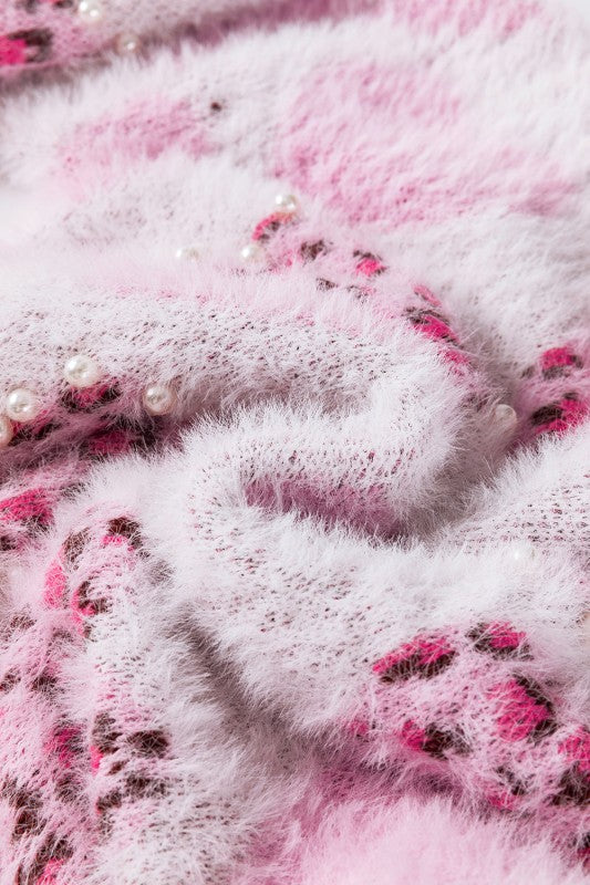 Heart Leopard Pearled Ribbed Trim Fuzzy Sweater