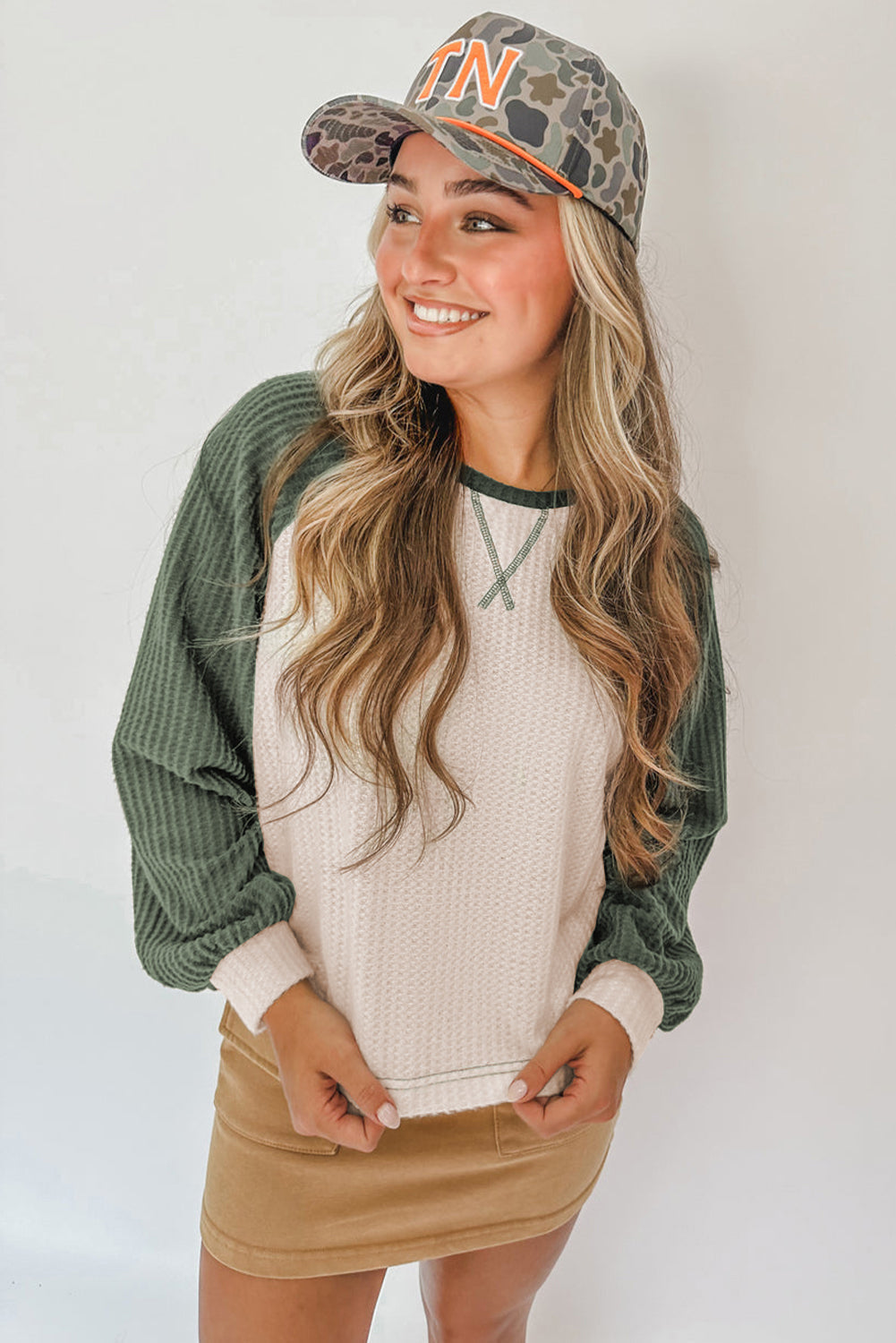 Waffle Color Block Raglan Sleeve Top Casual Wear