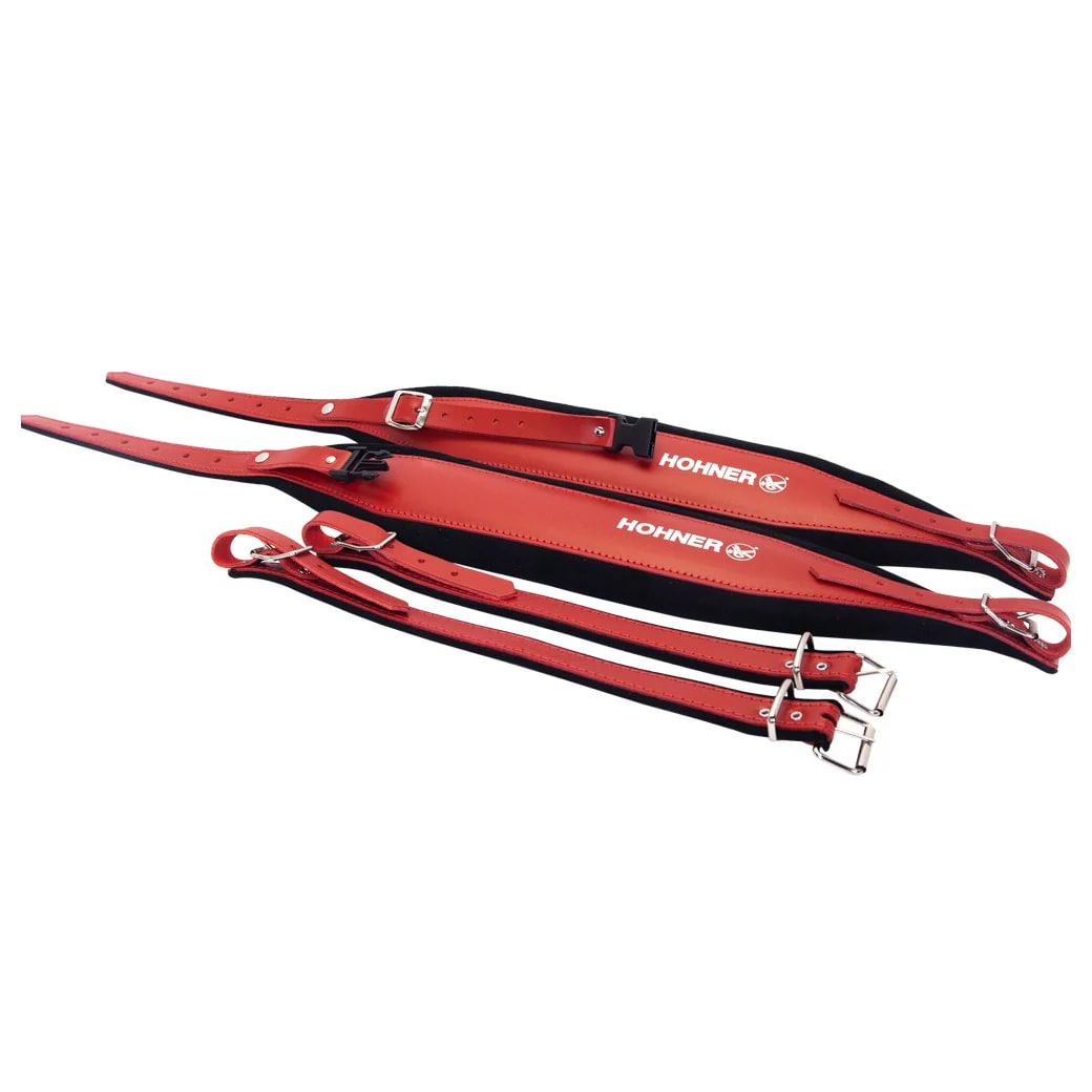Extra-Large Leather Accordion Strap with Back Strap Red on Black Hohner
