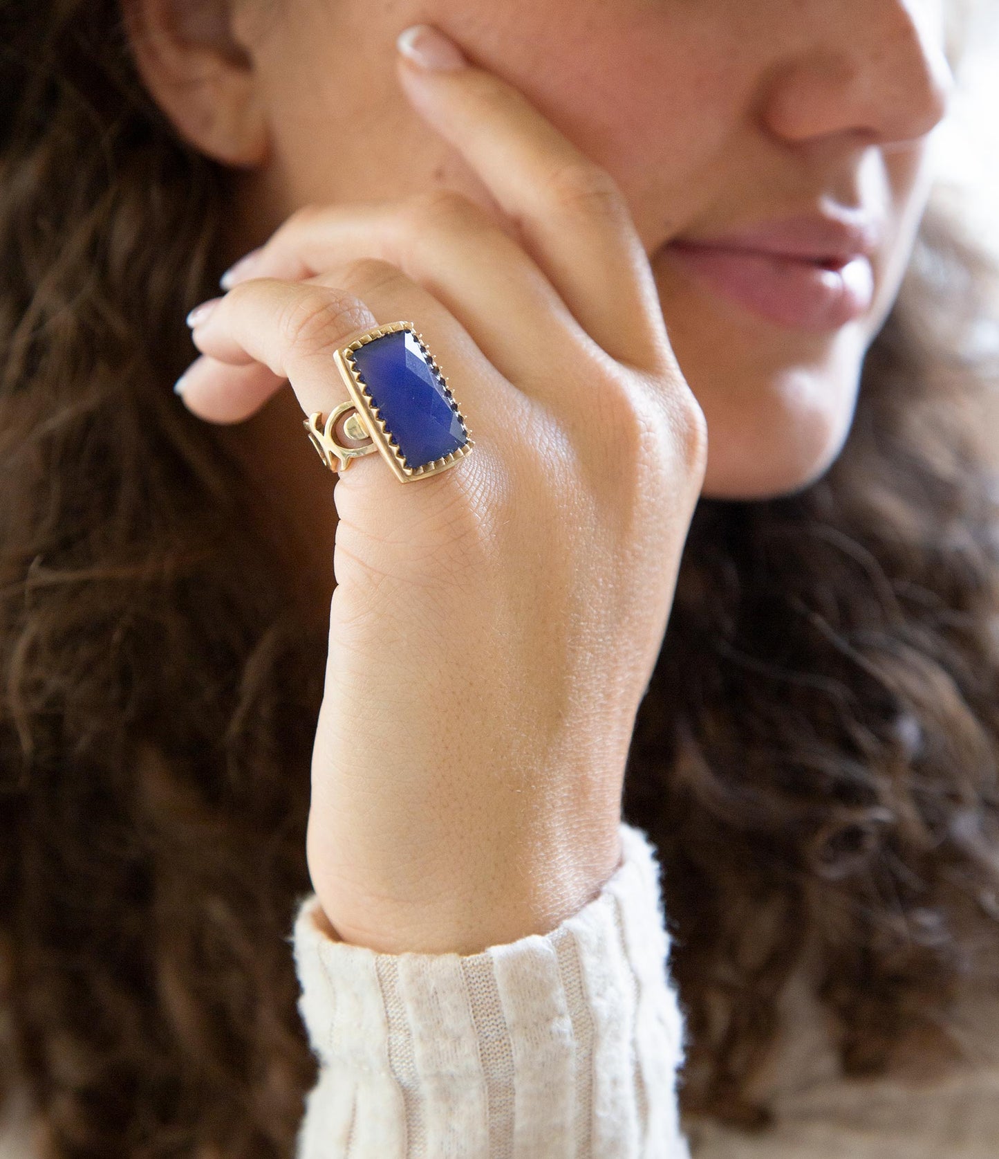 Blue Agate Filigreed Golden Statement Ring Barse Jewelry