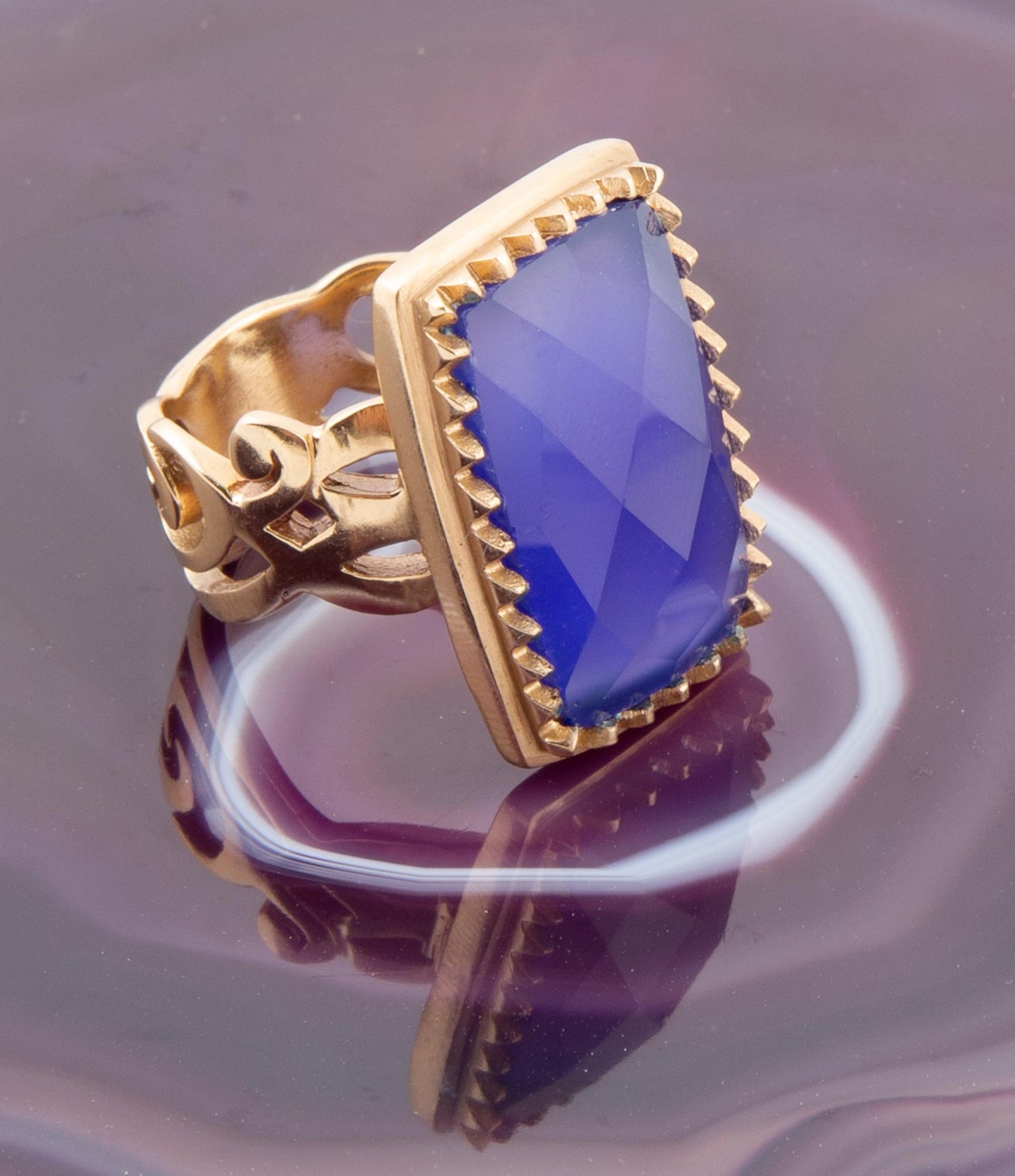 Blue Agate Filigreed Golden Statement Ring Barse Jewelry
