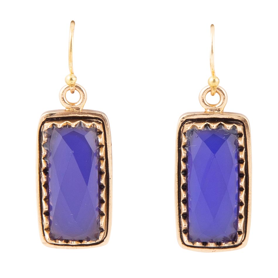 Blue Agate Rectangular Shape Golden Drop Earrings Barse Jewelry