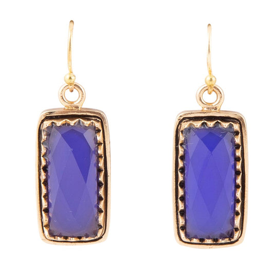 Blue Agate Rectangular Shape Golden Drop Earrings Barse Jewelry