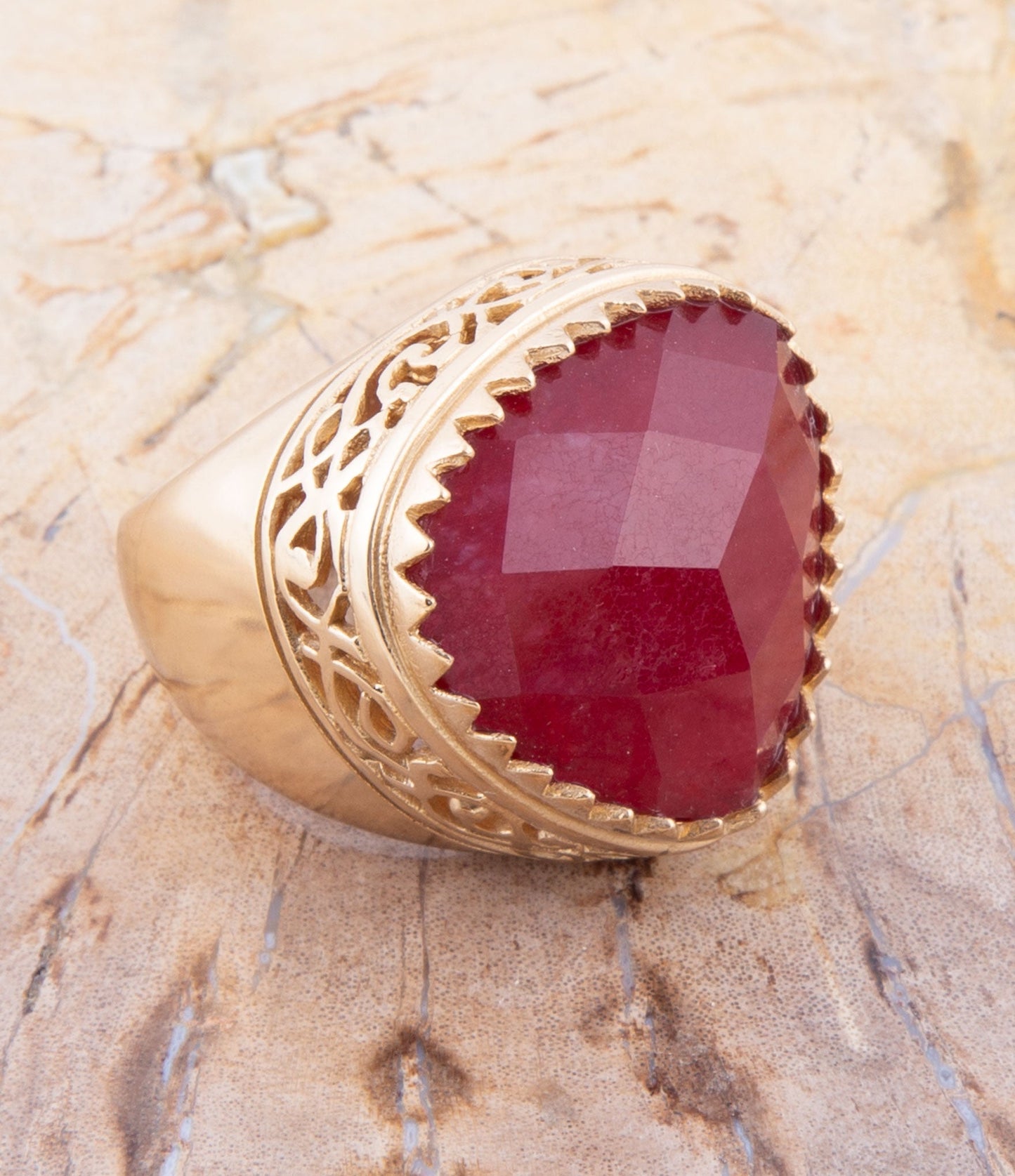 Red Quartz Filigreed Golden Statement Ring Barse Jewelry