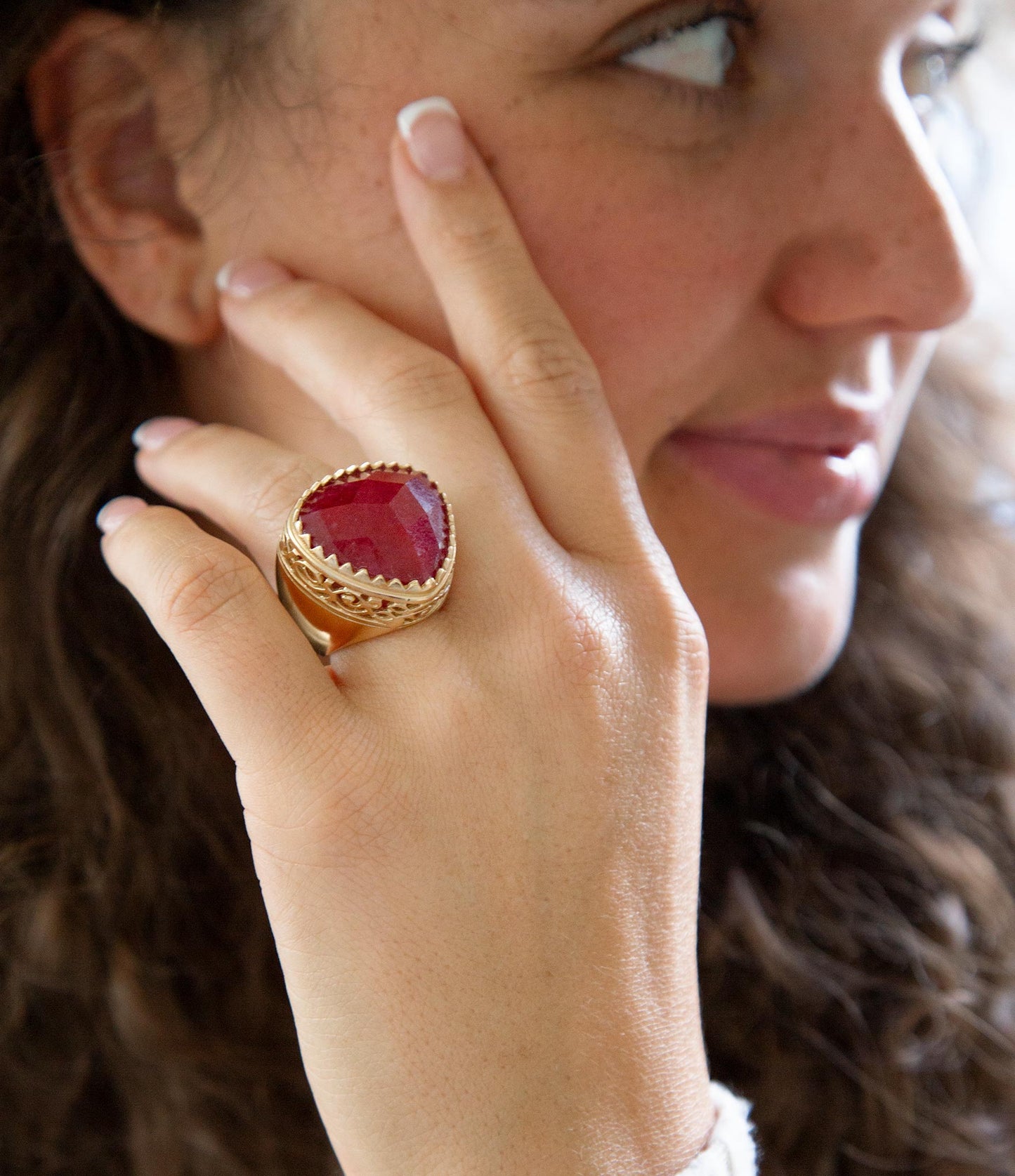 Red Quartz Filigreed Golden Statement Ring Barse Jewelry