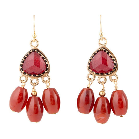 Merlot Red Quartz Filigreed Golden Drop Earrings