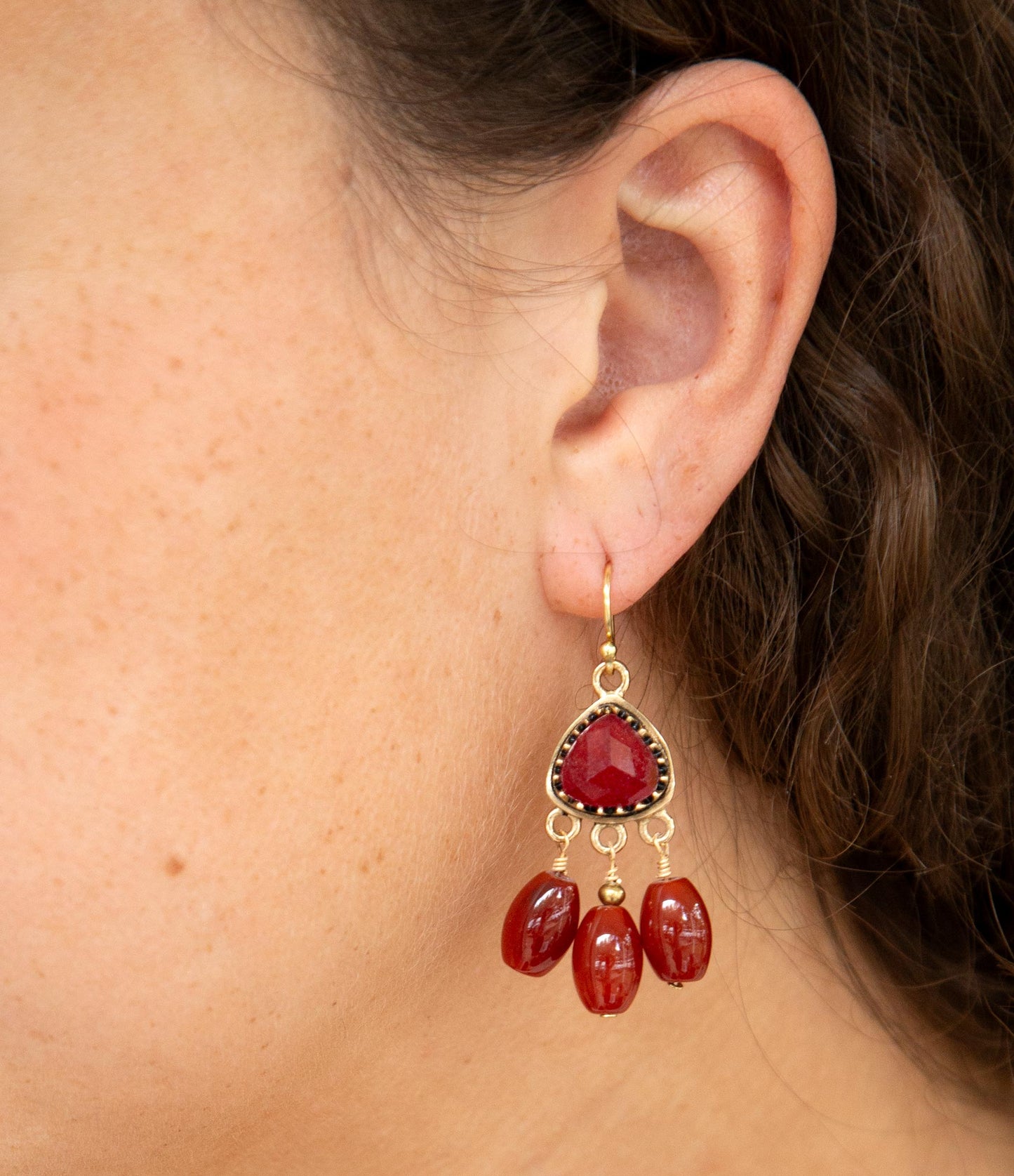 Merlot Red Quartz Filigreed Golden Drop Earrings