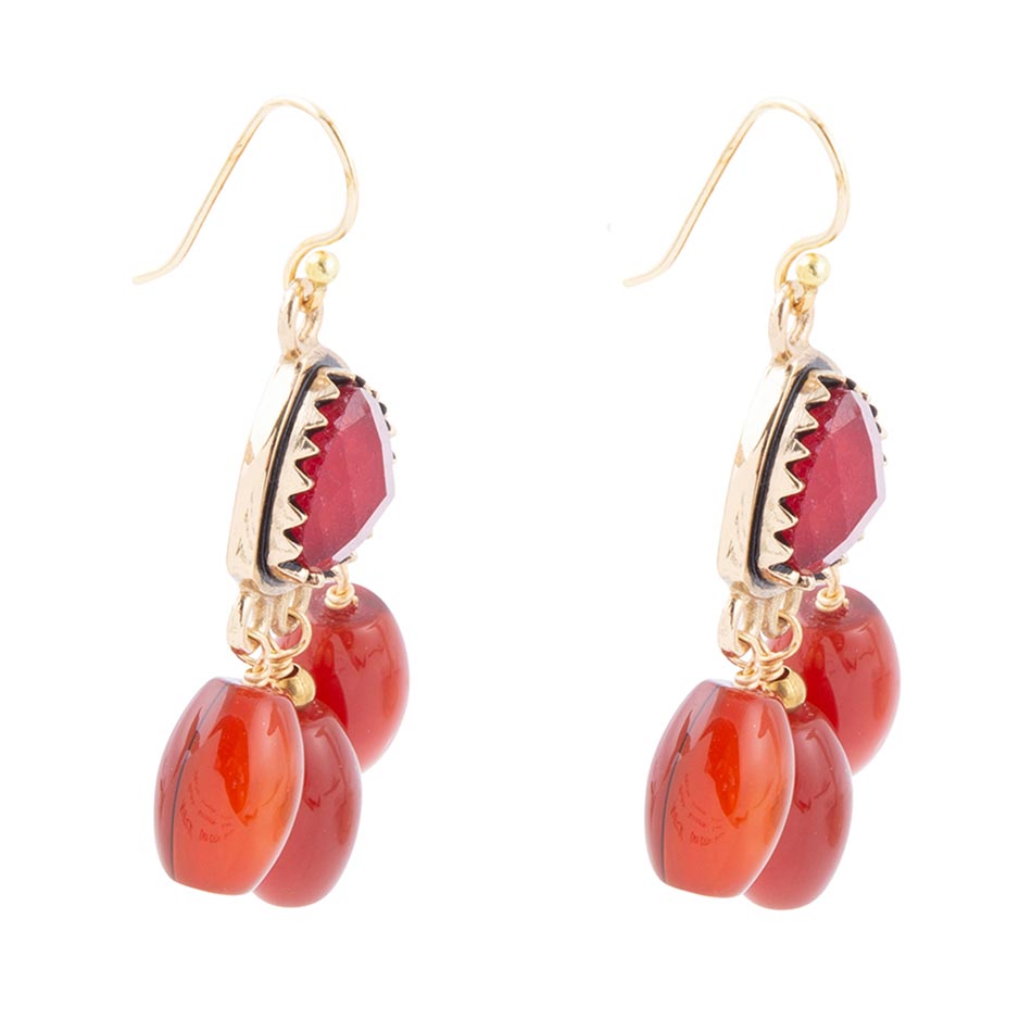 Merlot Red Quartz Filigreed Golden Drop Earrings