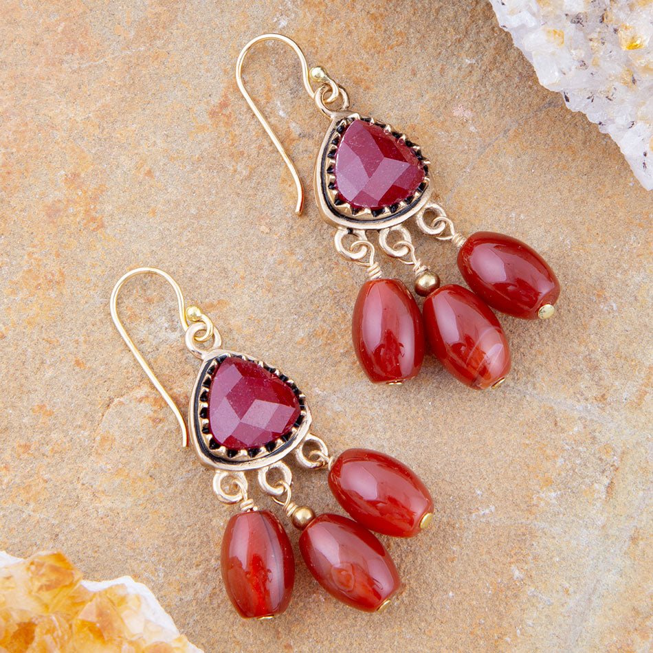 Merlot Red Quartz Filigreed Golden Drop Earrings