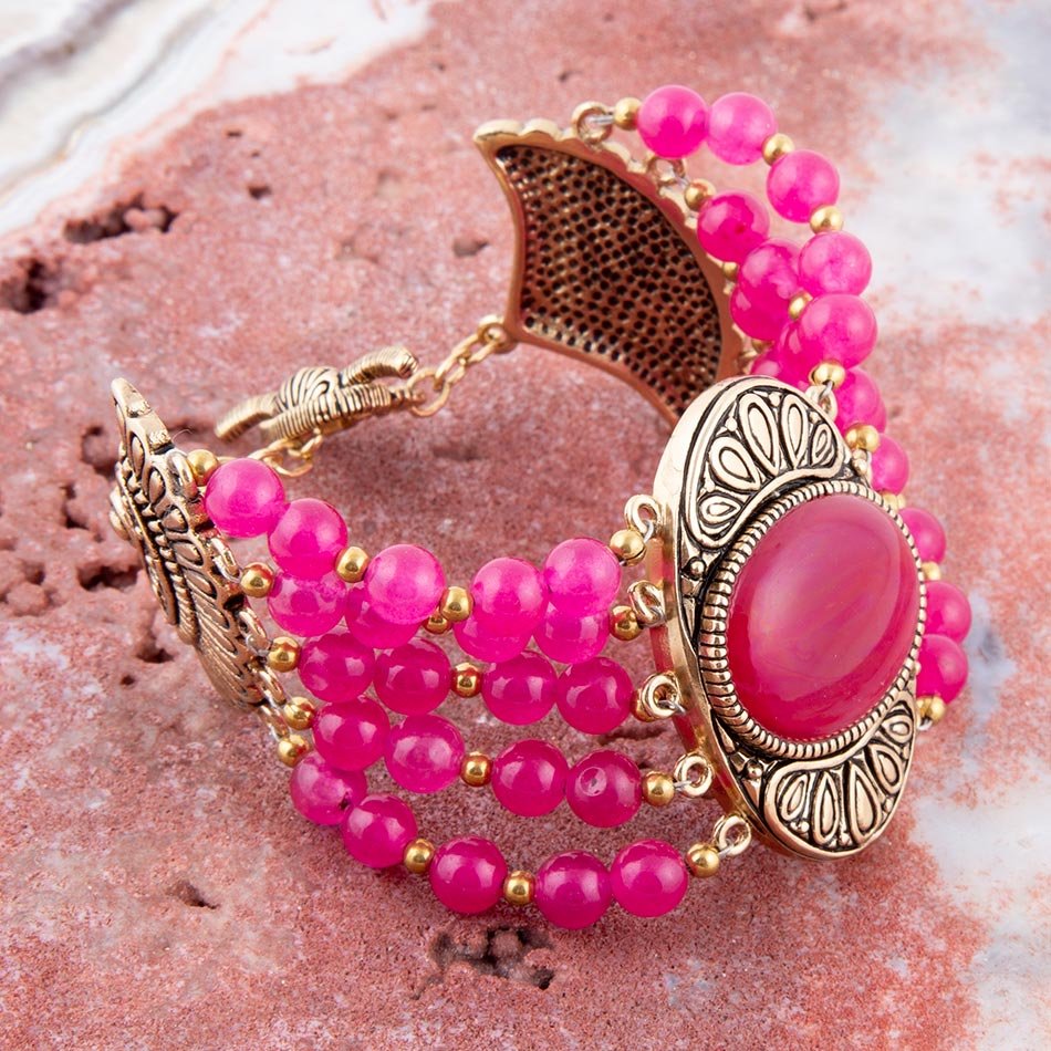 Magenta Agate Golden Statement Bracelet Flamenco Pink