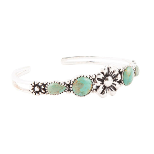 Floral Blue Turquoise Sterling Silver Cuff Bracelet