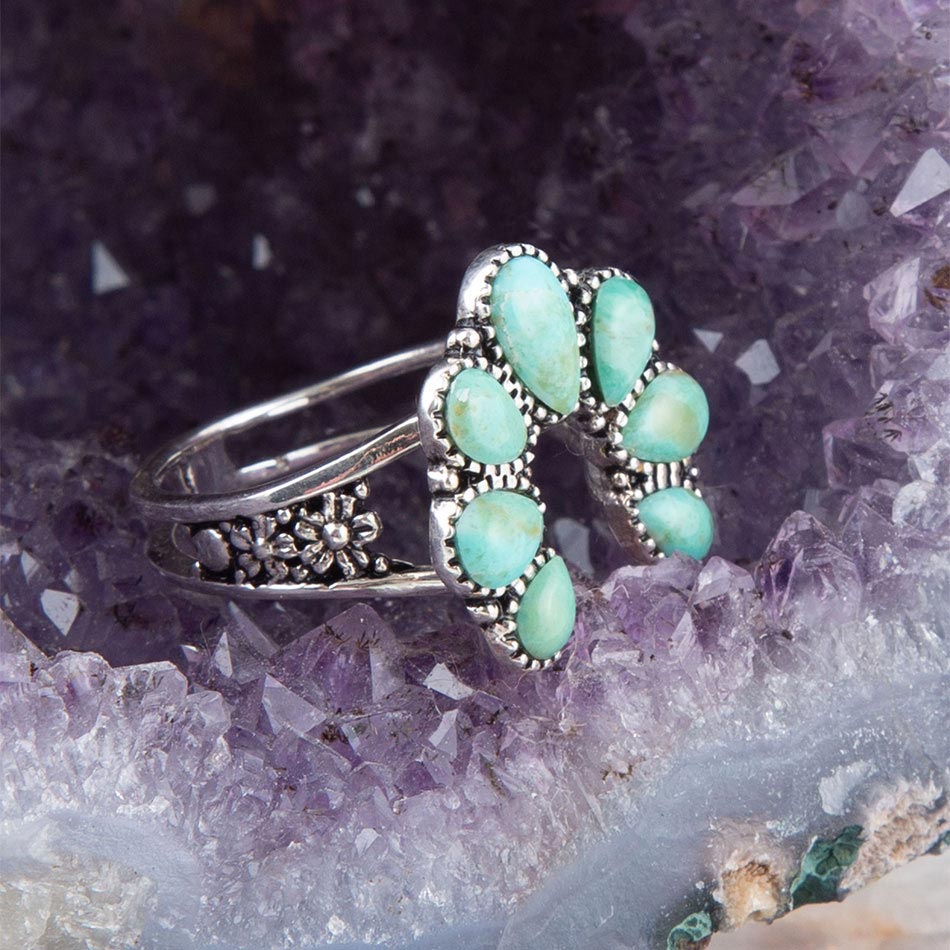Floral Blue Turquoise Sterling Silver Ring Jewelry