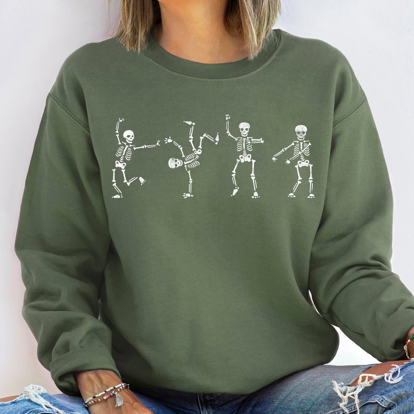 Flossing Skeletons Vintage Halloween Sweatshirt Cotton-Polyester Blend Sweatshirt