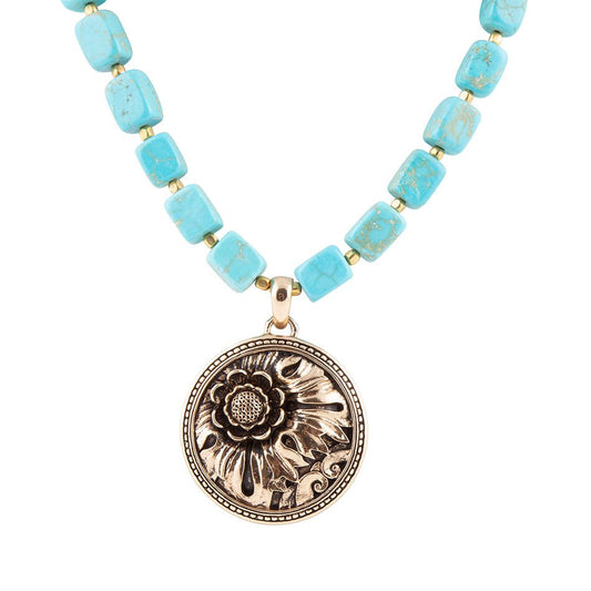 Flourished Golden Bronze Pendant Blue Turquoise Magnesite Necklace