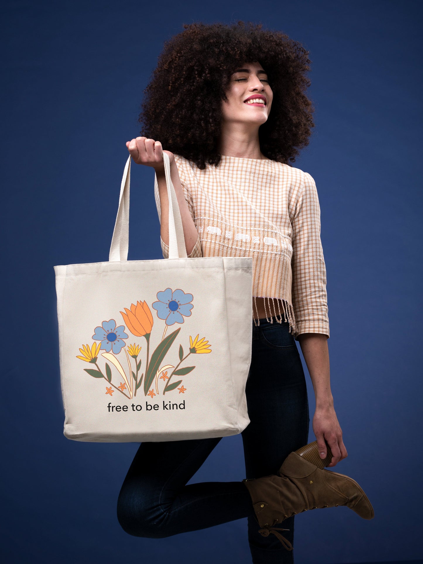 organic cotton tote bag Free to Be Kind with eco-friendly print