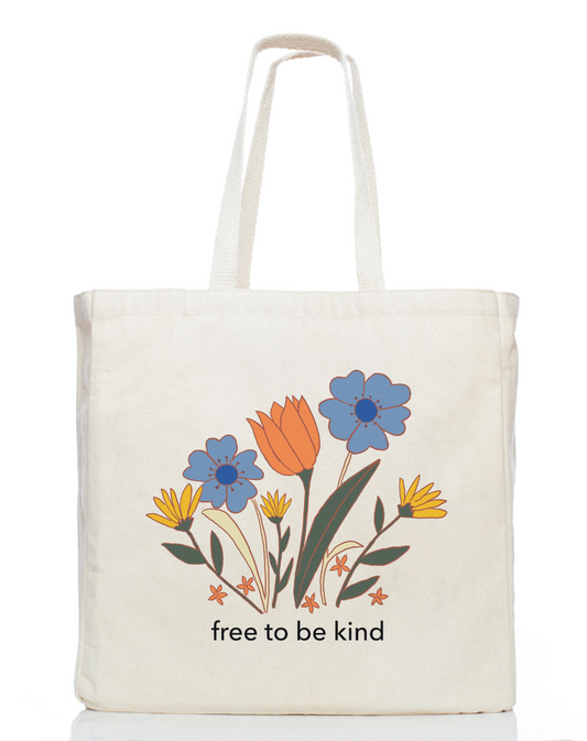 organic cotton tote bag Free to Be Kind with eco-friendly print