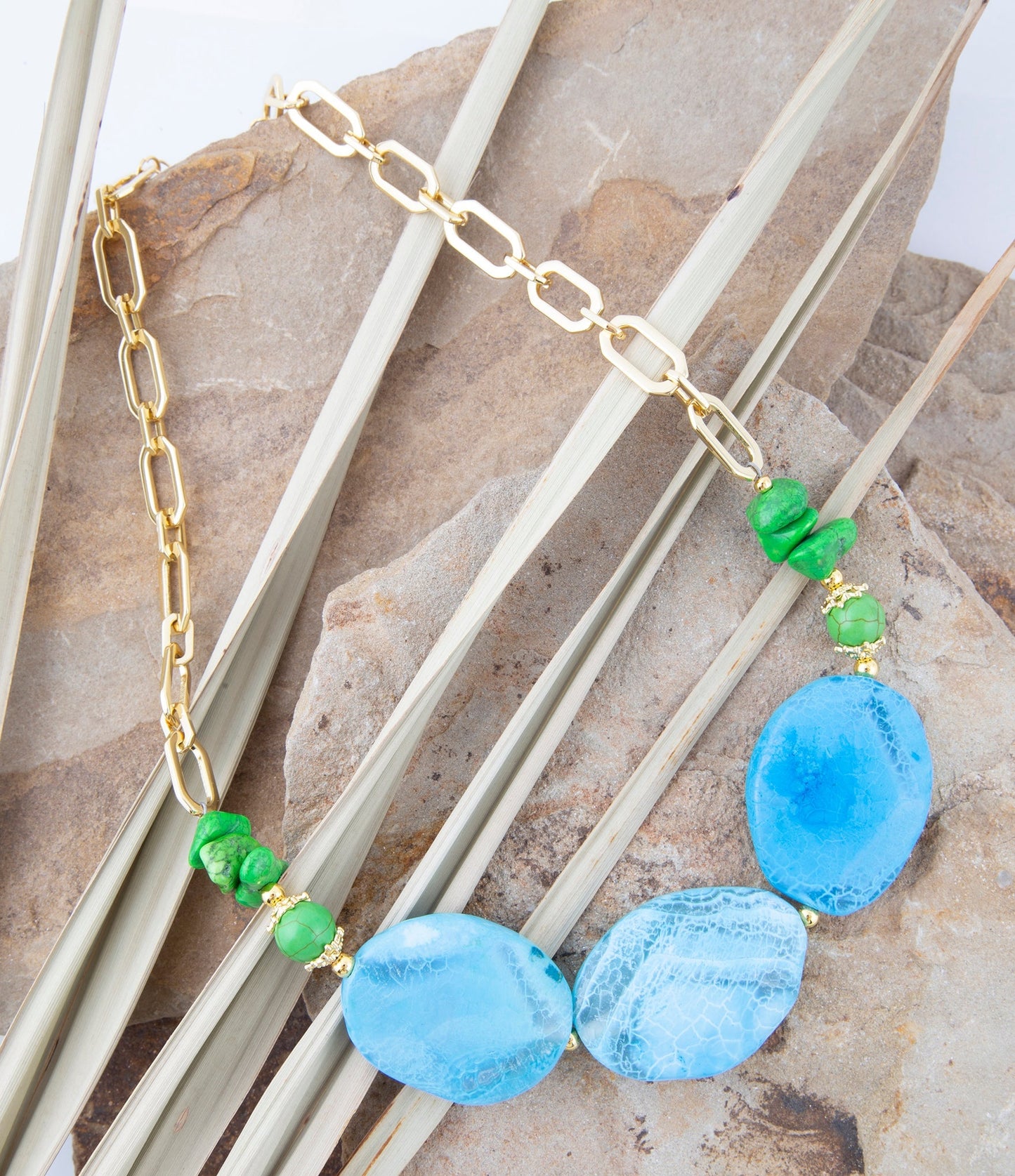 Blue Agate Golden Chunky Necklace with Fresh Twist Lime - Barse Jewelry