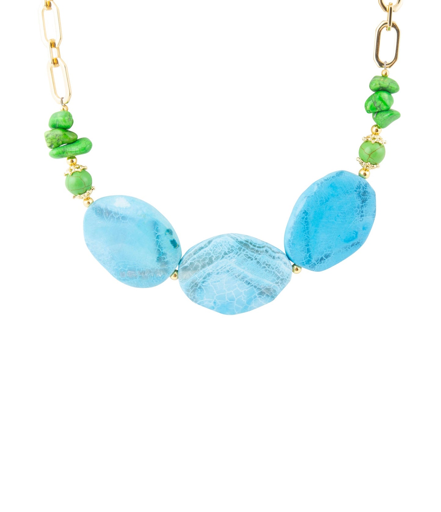 Blue Agate Golden Chunky Necklace with Fresh Twist Lime - Barse Jewelry