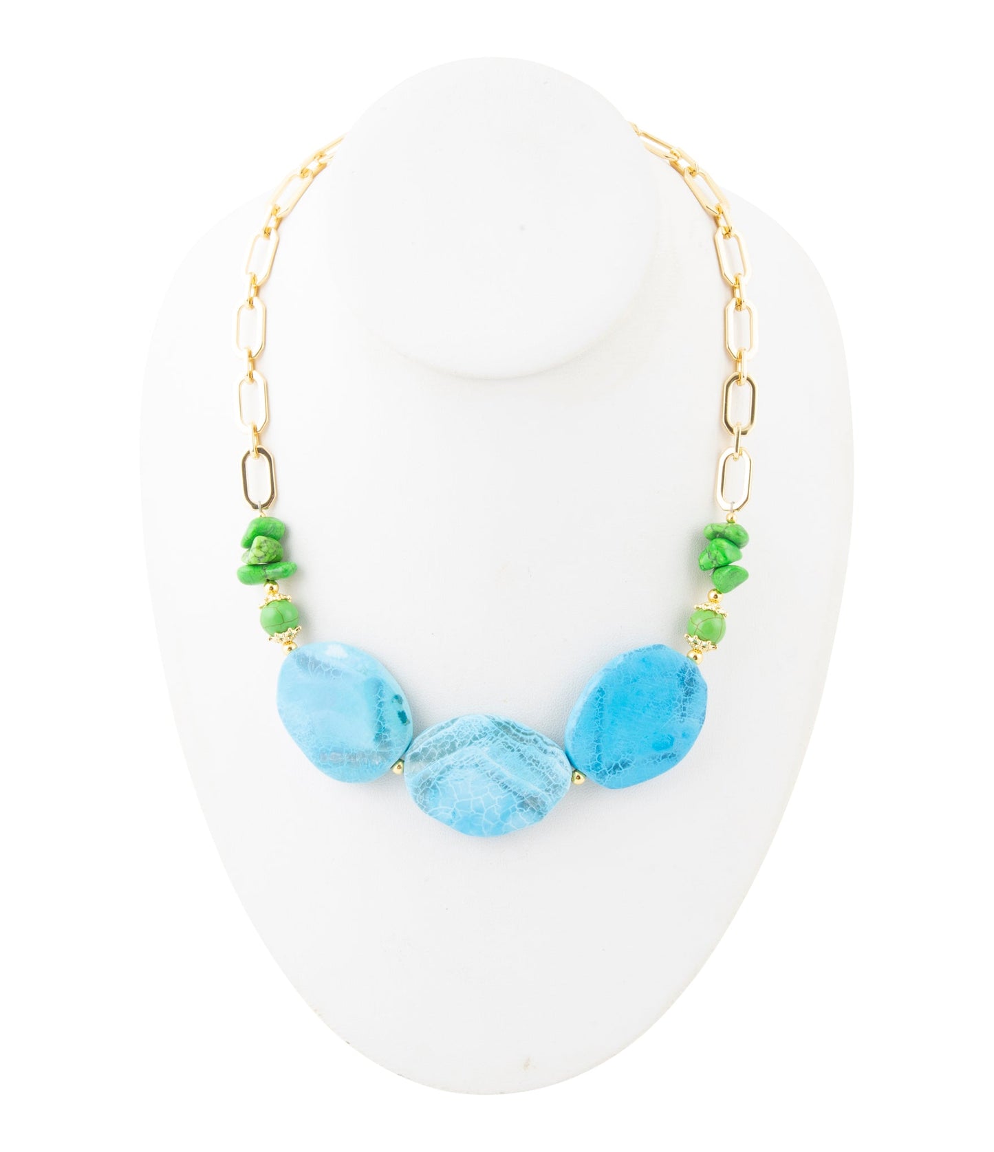 Blue Agate Golden Chunky Necklace with Fresh Twist Lime - Barse Jewelry