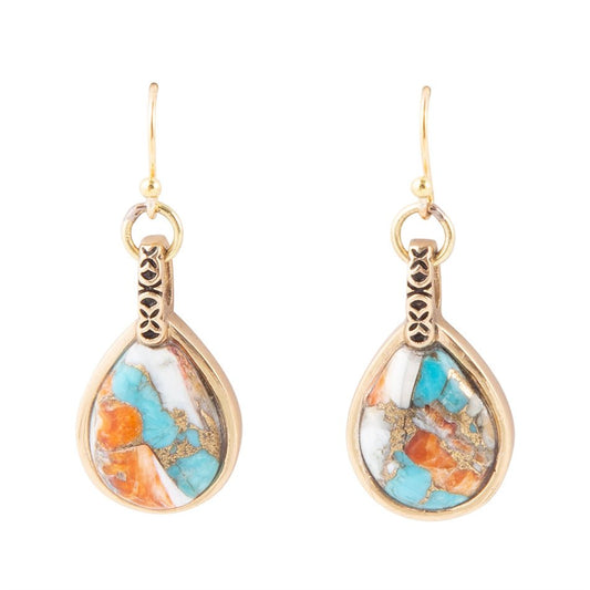 Turquoise and Spiny Oyster Shell Stone Mix Golden Earrings 1.5 Inch Length