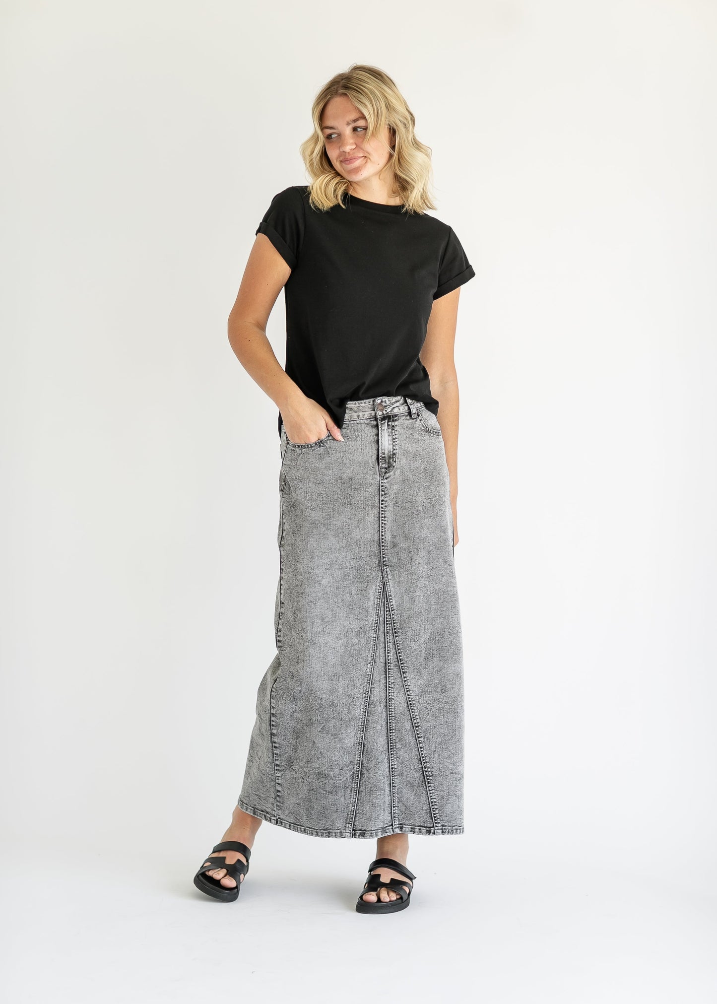 Genevieve A-line Washed Black Denim Maxi Skirt Inherit Co.