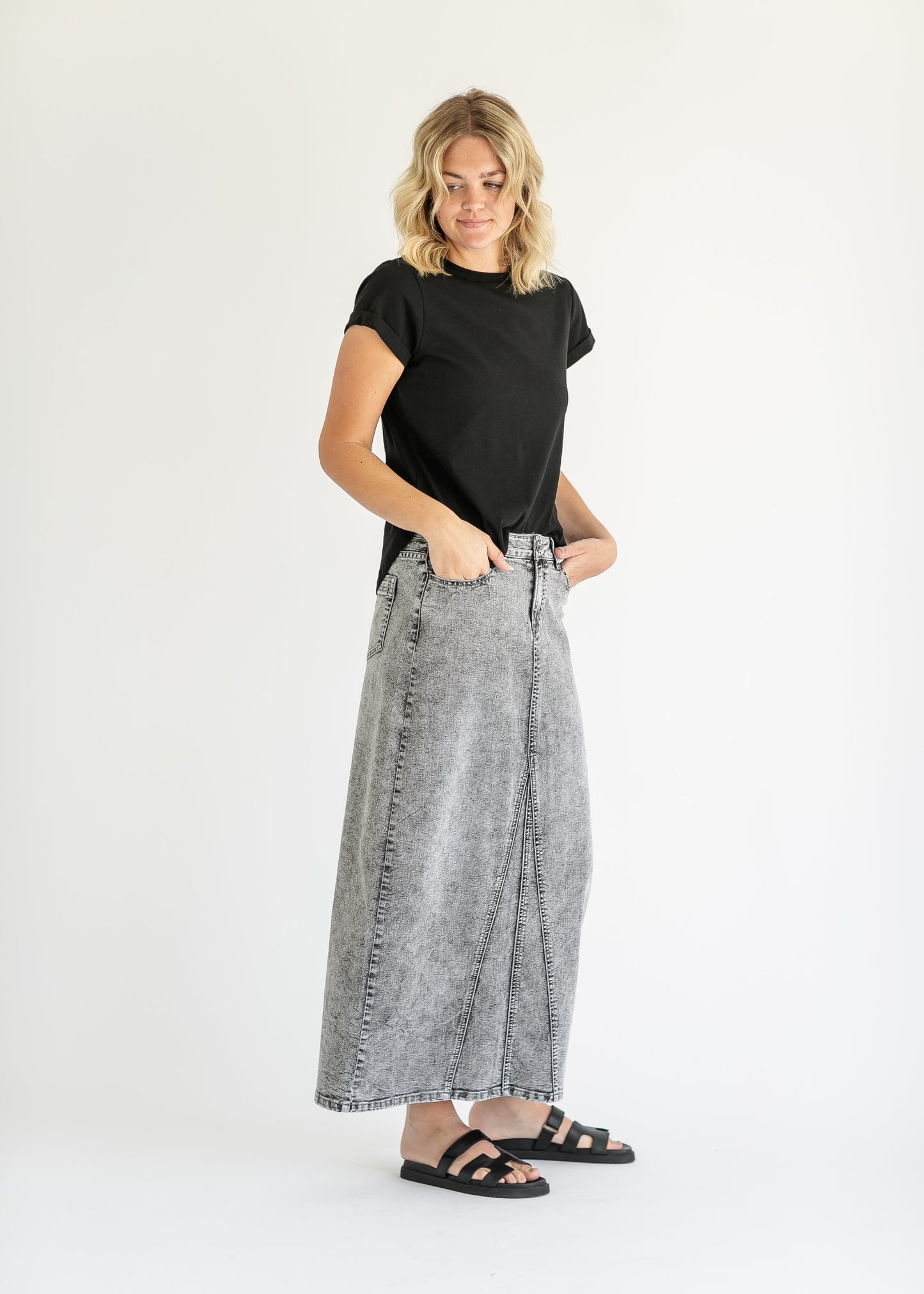 Genevieve A-line Washed Black Denim Maxi Skirt Inherit Co.