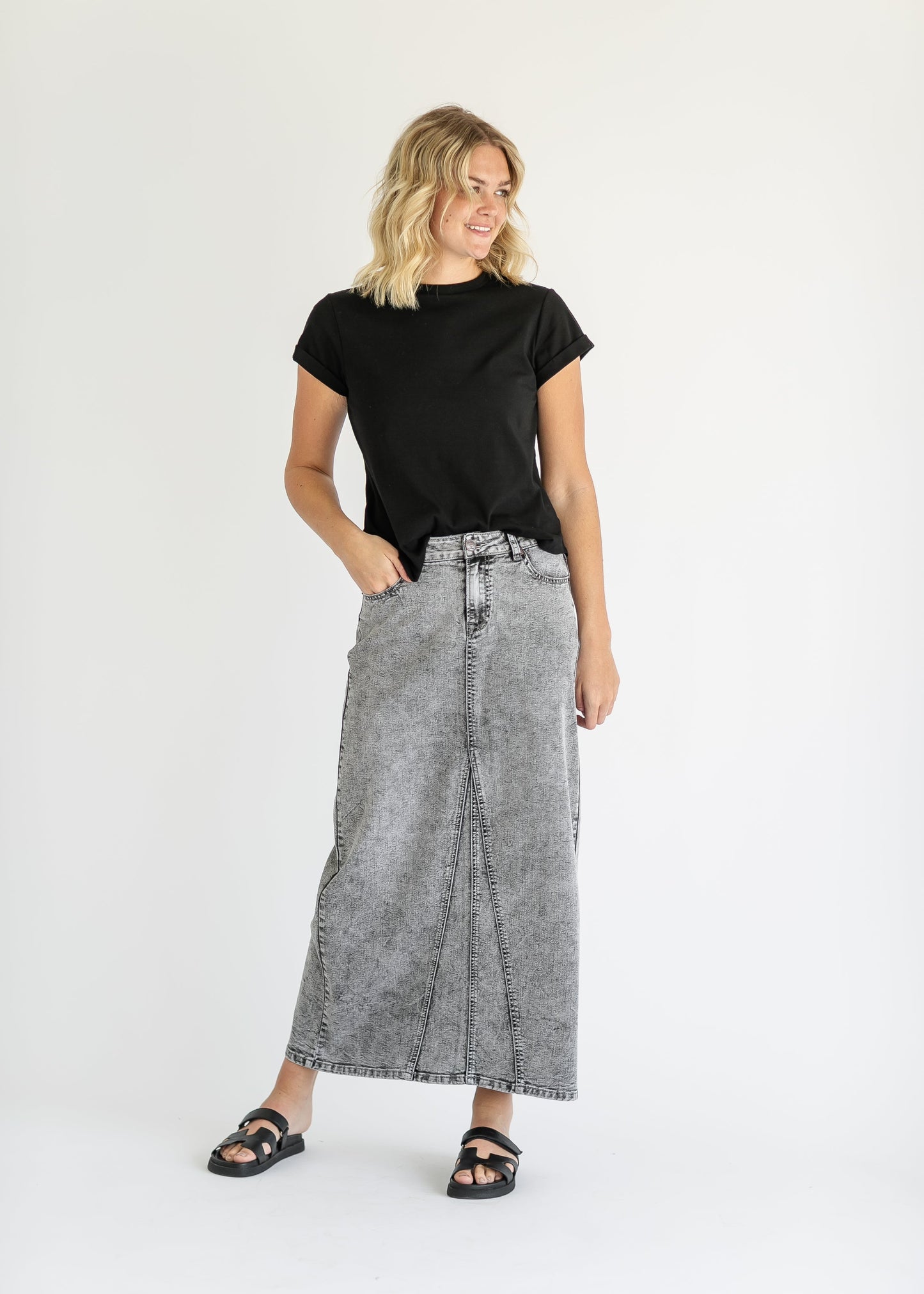Genevieve A-line Washed Black Denim Maxi Skirt Inherit Co.