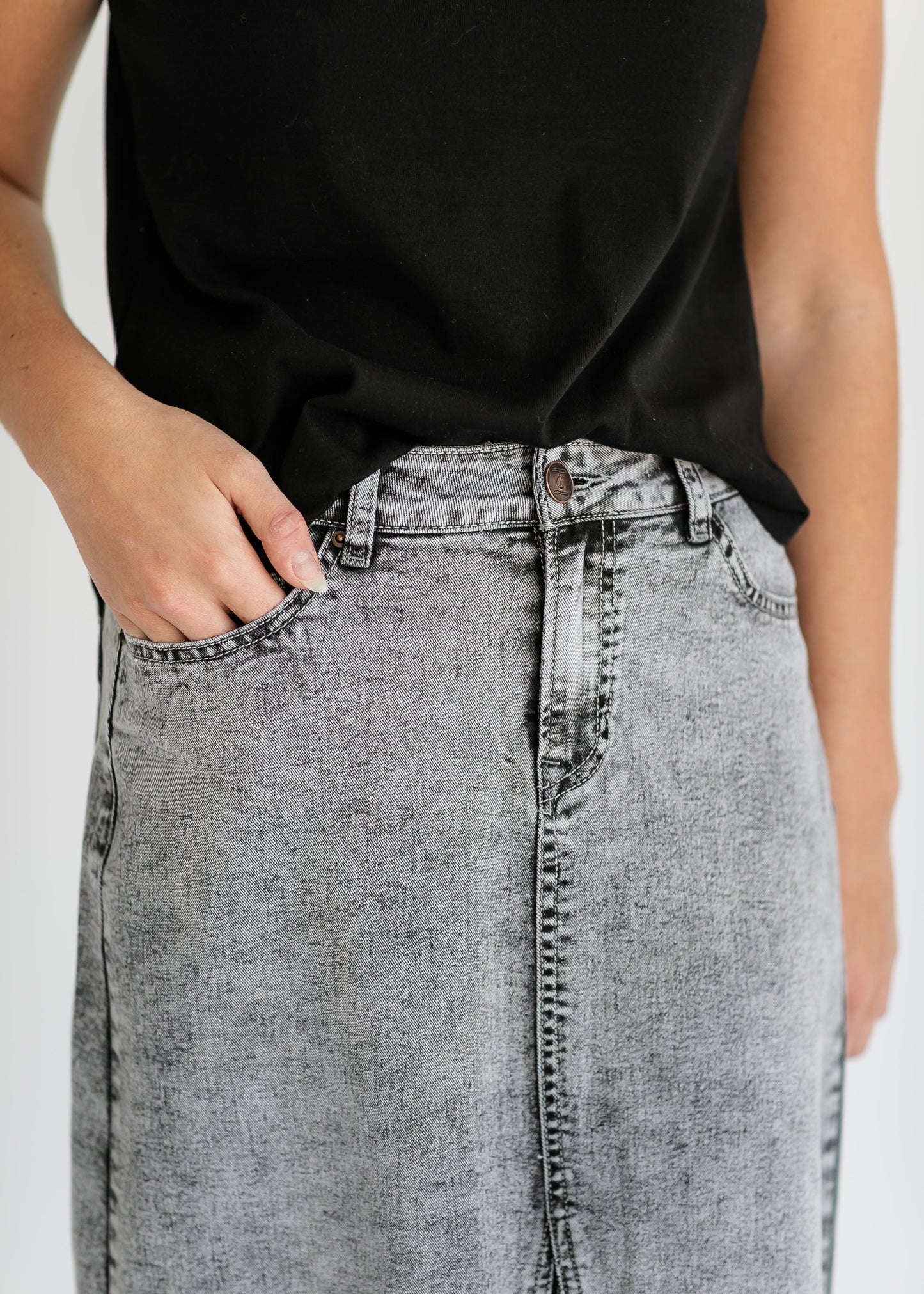 Genevieve A-line Washed Black Denim Maxi Skirt Inherit Co.