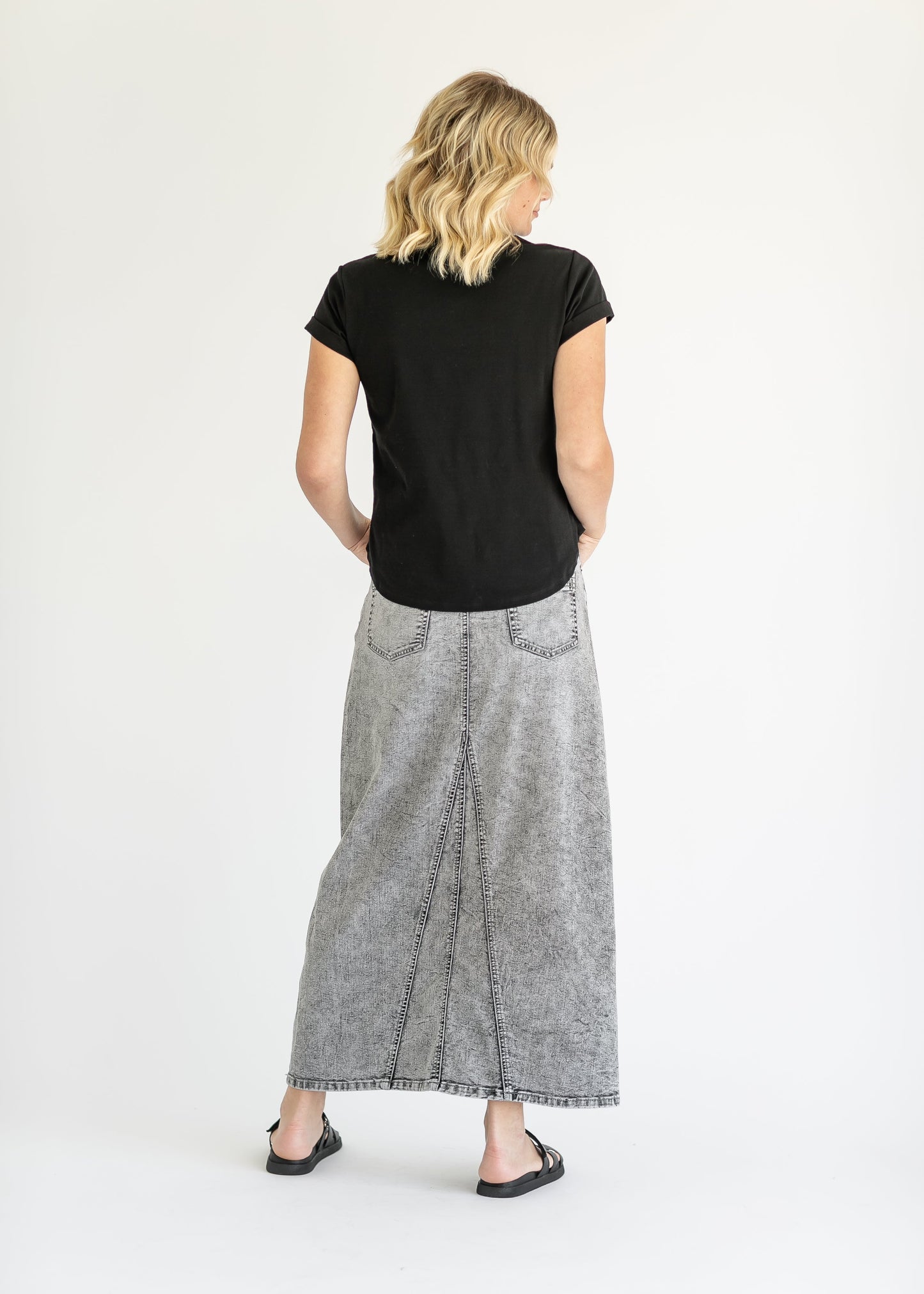 Genevieve A-line Washed Black Denim Maxi Skirt Inherit Co.