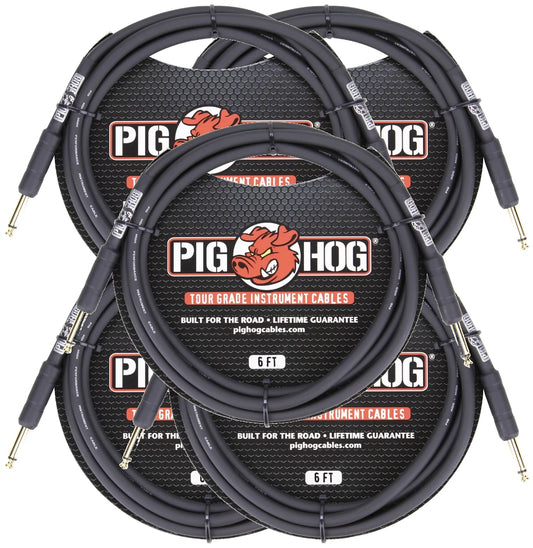 8mm 1/4 Straight Instrument Guitar Cord 6 Feet Patch Cable Pig Hog 5 Pack