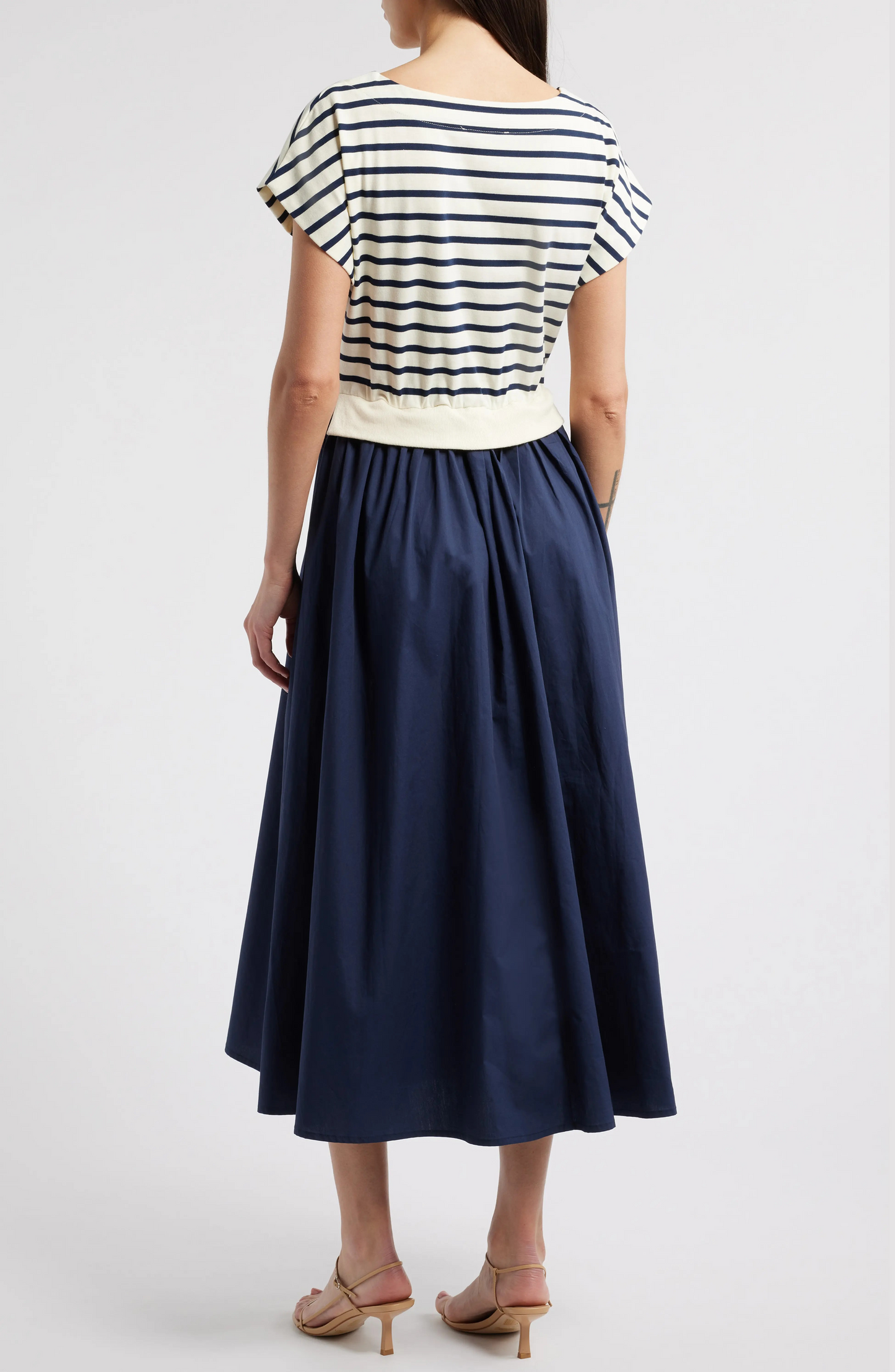 Cotton Striped Midi Dress Two-Piece Knit Top and Woven Skirt