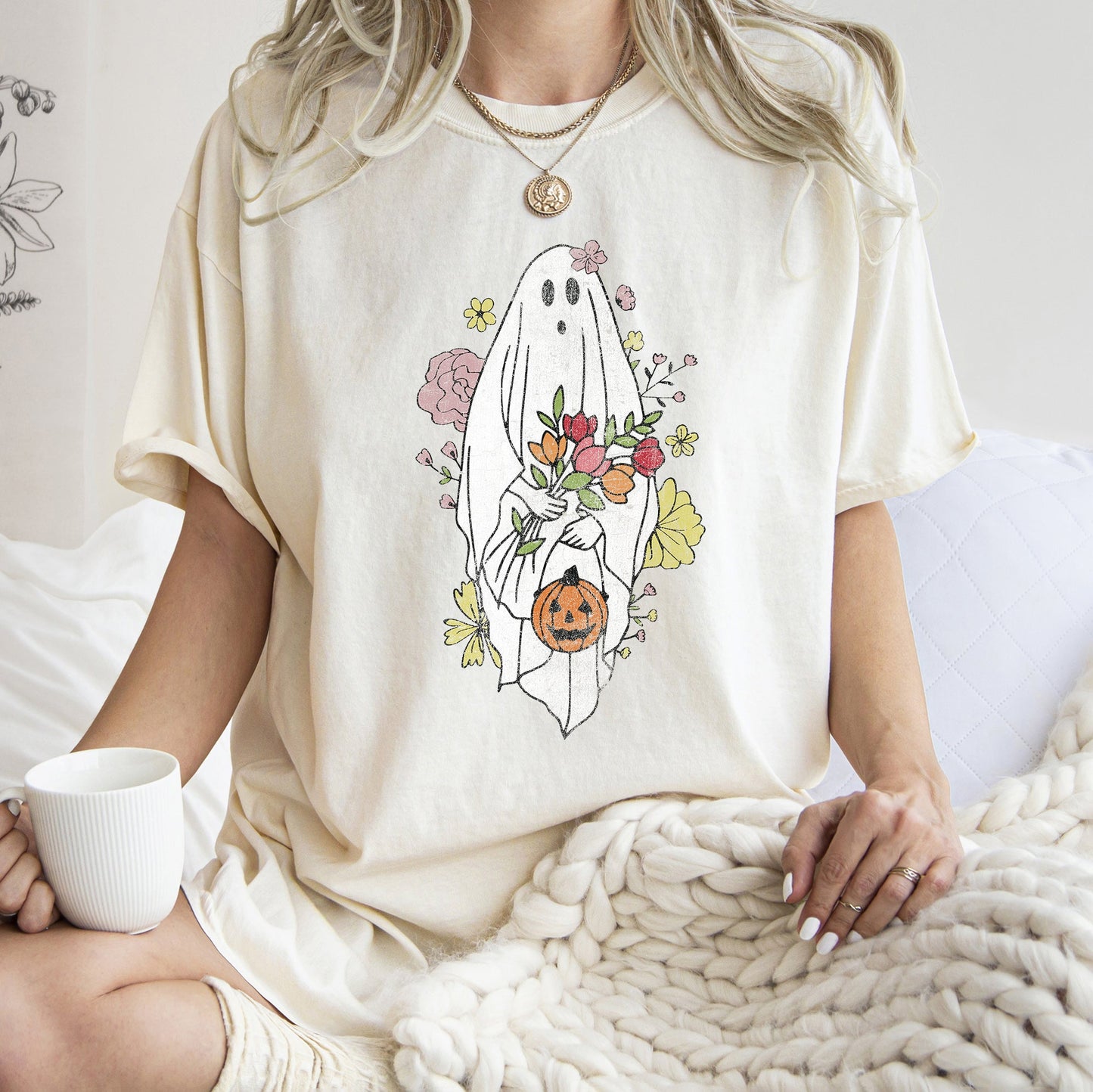 Ghost with Flowers Retro Halloween Comfort Colors T-shirt