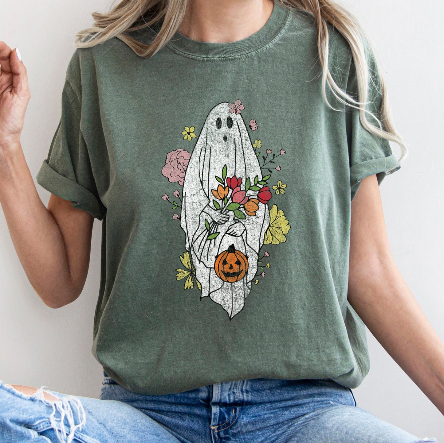 Ghost with Flowers Retro Halloween Comfort Colors T-shirt