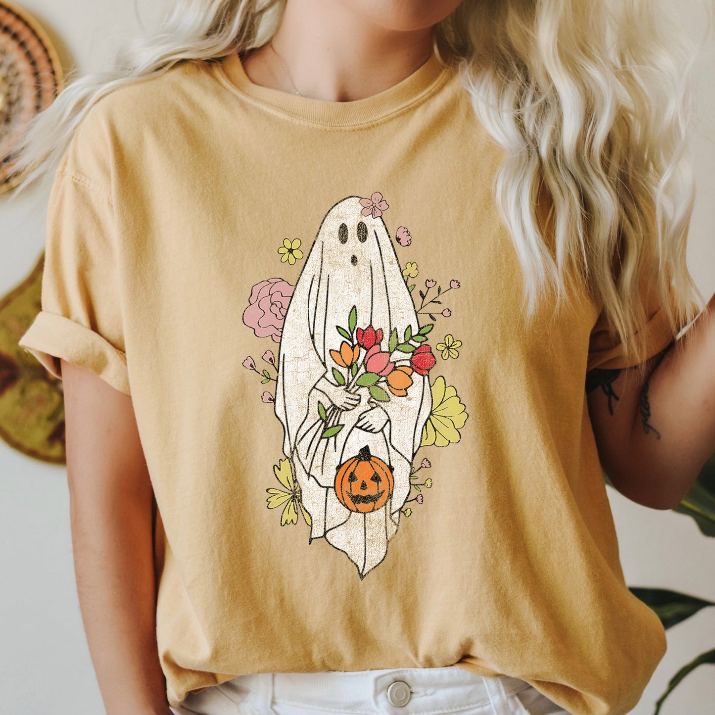 Ghost with Flowers Retro Halloween Comfort Colors T-shirt