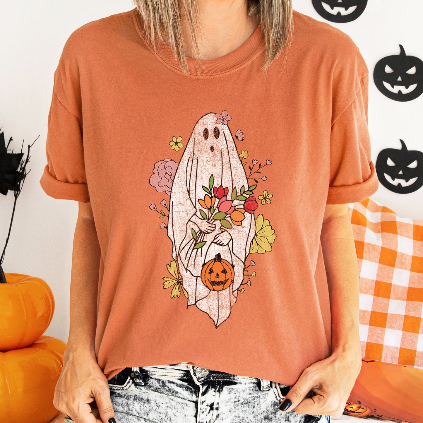 Ghost with Flowers Retro Halloween Comfort Colors T-shirt