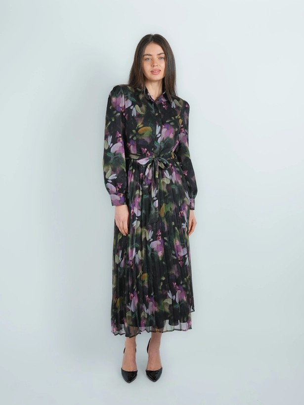 Chiffon Multi-Colored Belted Pleated Shirt Dress