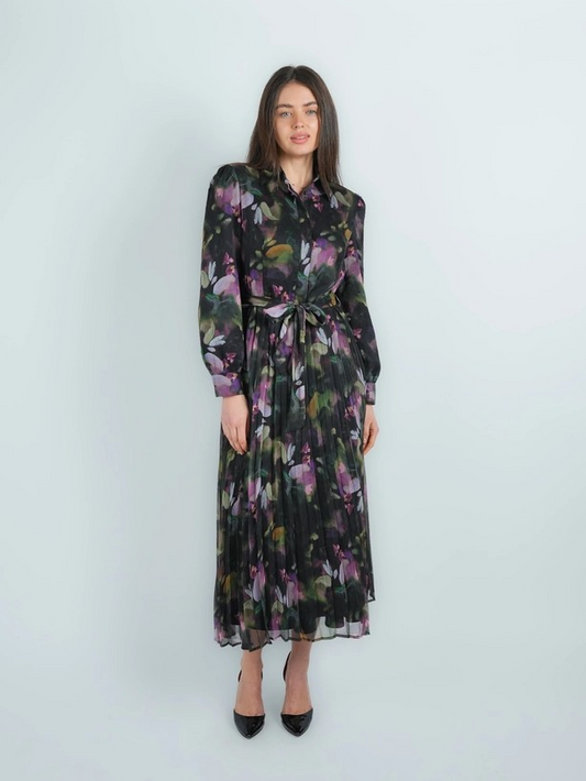 Chiffon Multi-Colored Belted Pleated Shirt Dress