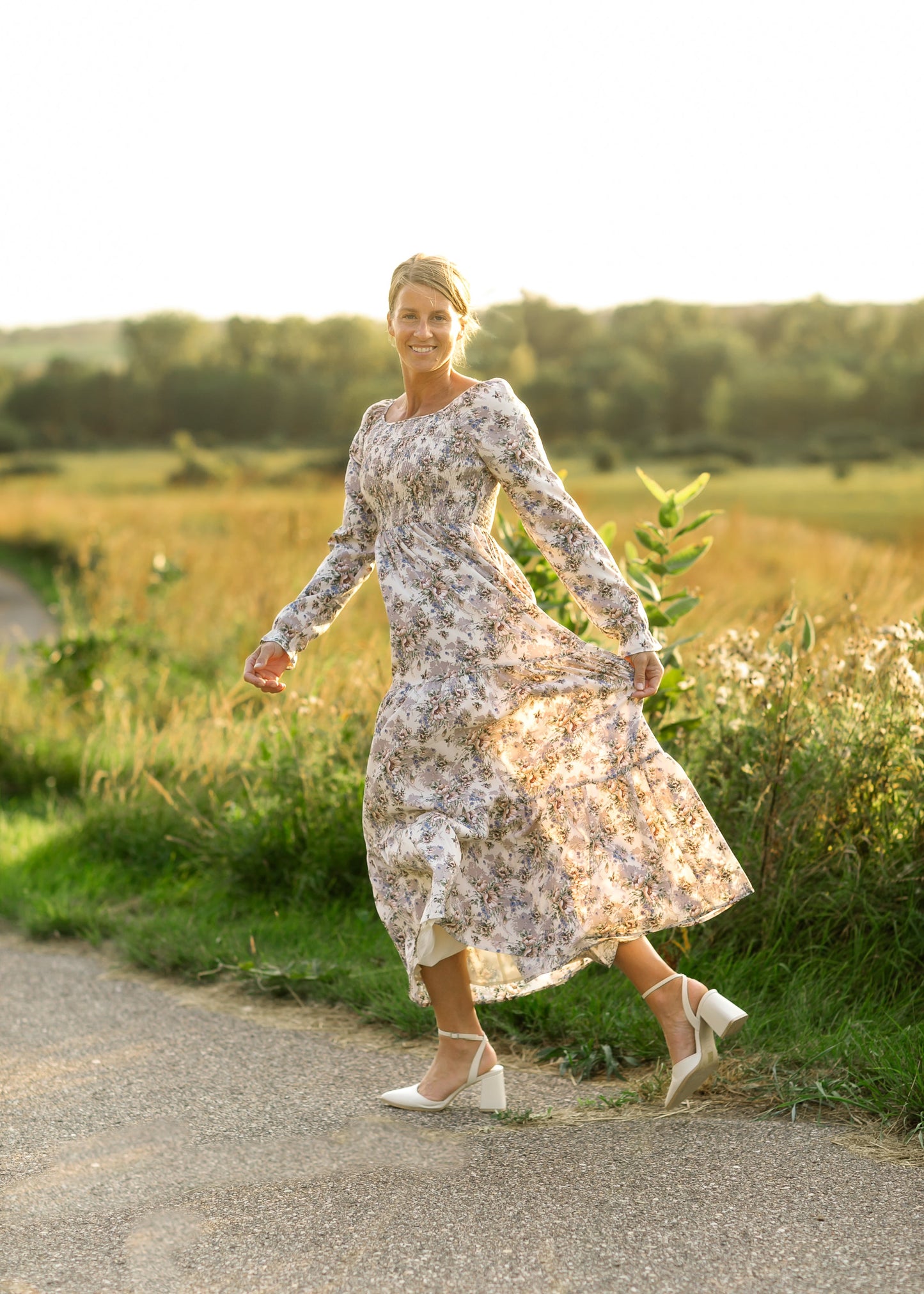 Gia Smocked Long Sleeve Maxi Dress Pink Inherit Co.