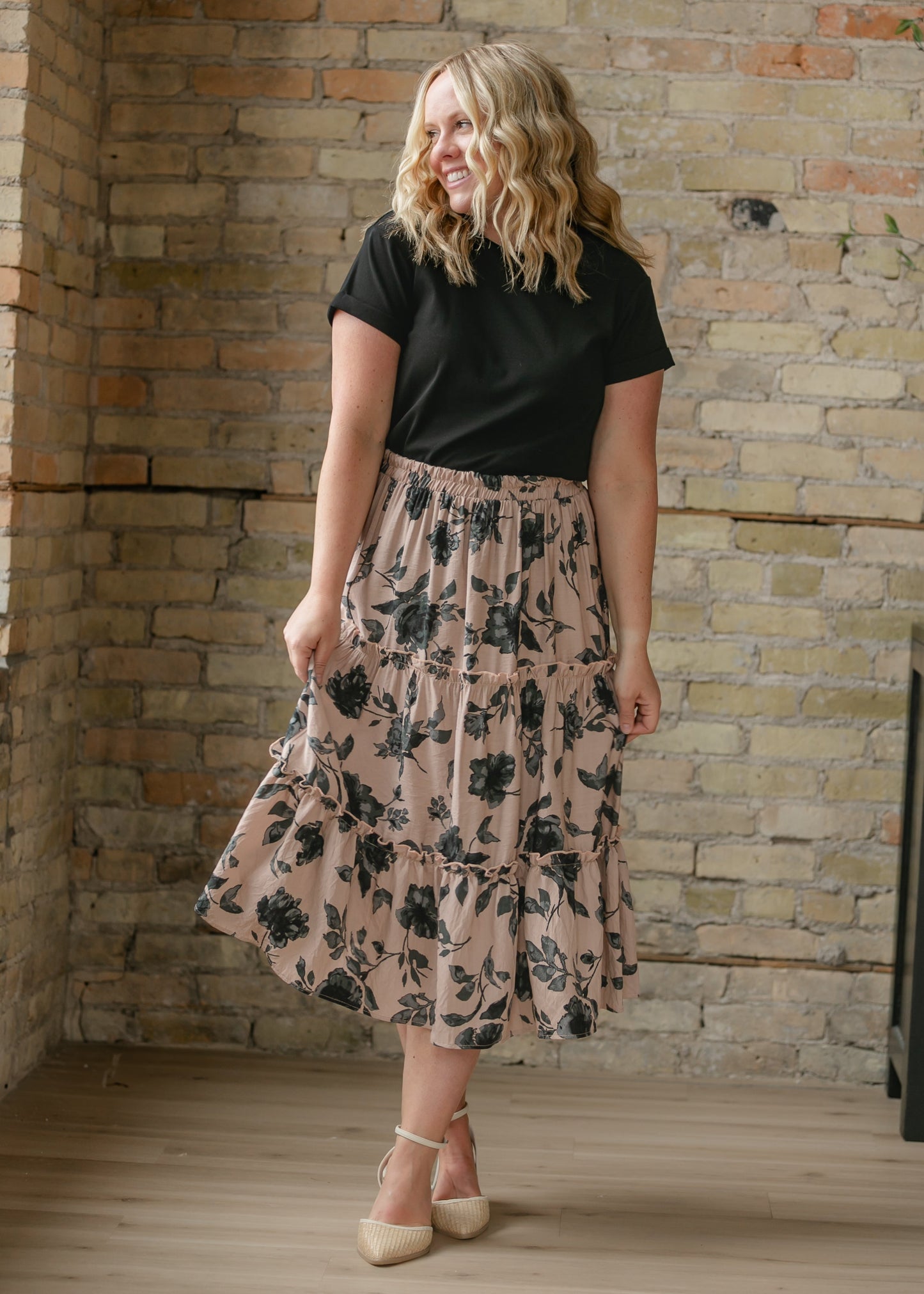 Ruffle Tiered Midi Skirt Elastic Waistband Giana