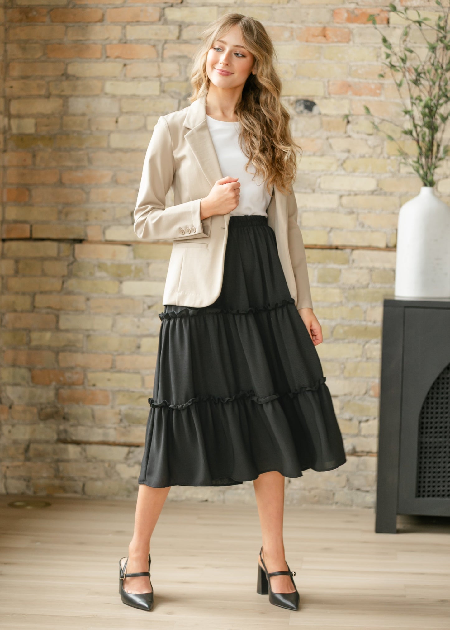 Ruffle Tiered Midi Skirt Elastic Waistband Giana