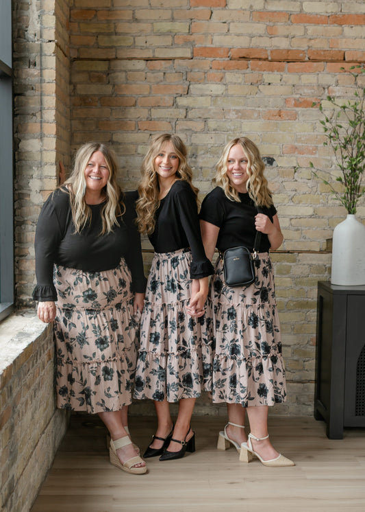 Ruffle Tiered Midi Skirt Elastic Waistband Giana