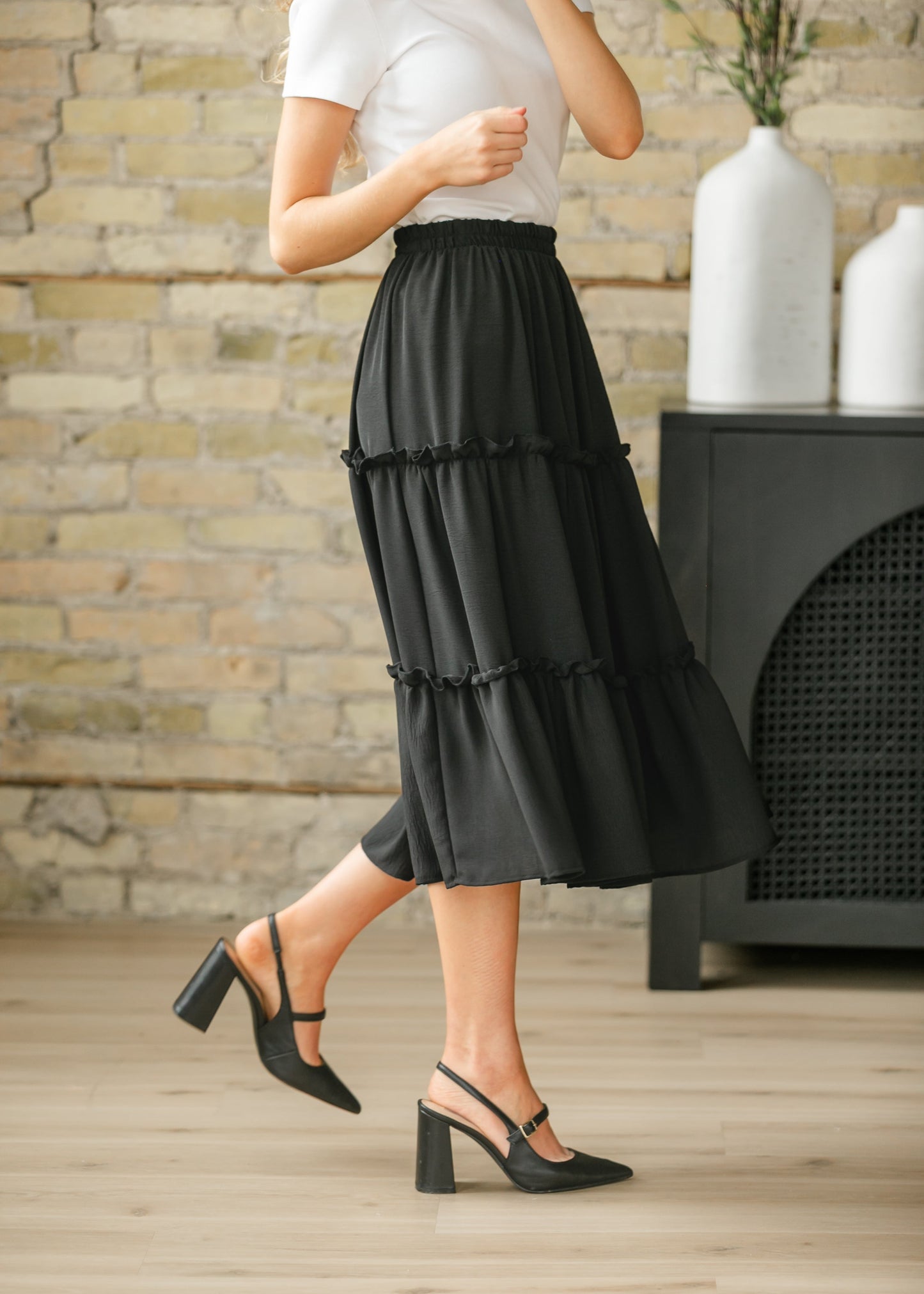 Ruffle Tiered Midi Skirt Elastic Waistband Giana