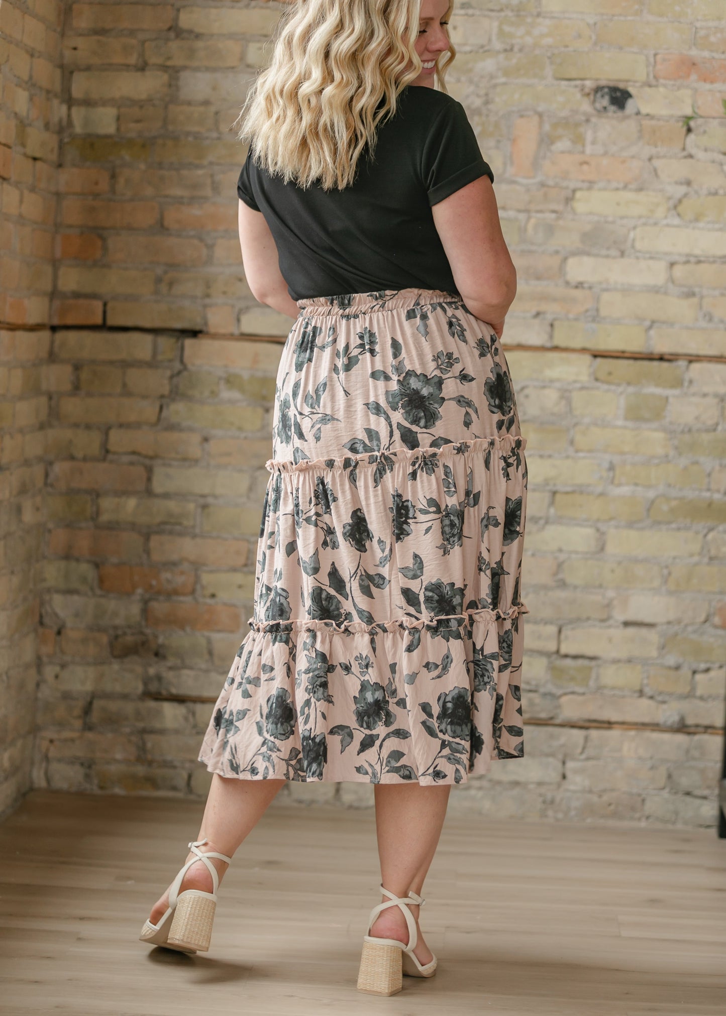 Ruffle Tiered Midi Skirt Elastic Waistband Giana