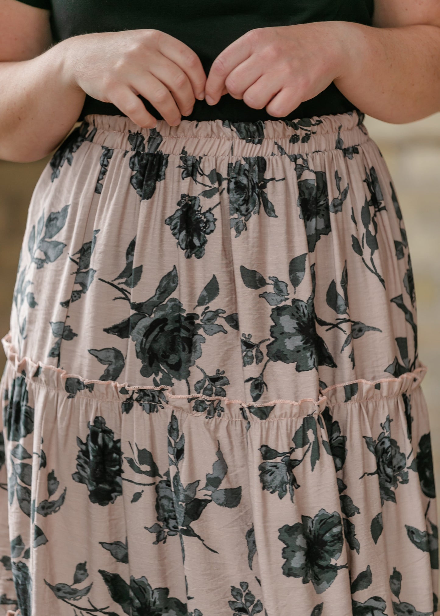 Ruffle Tiered Midi Skirt Elastic Waistband Giana