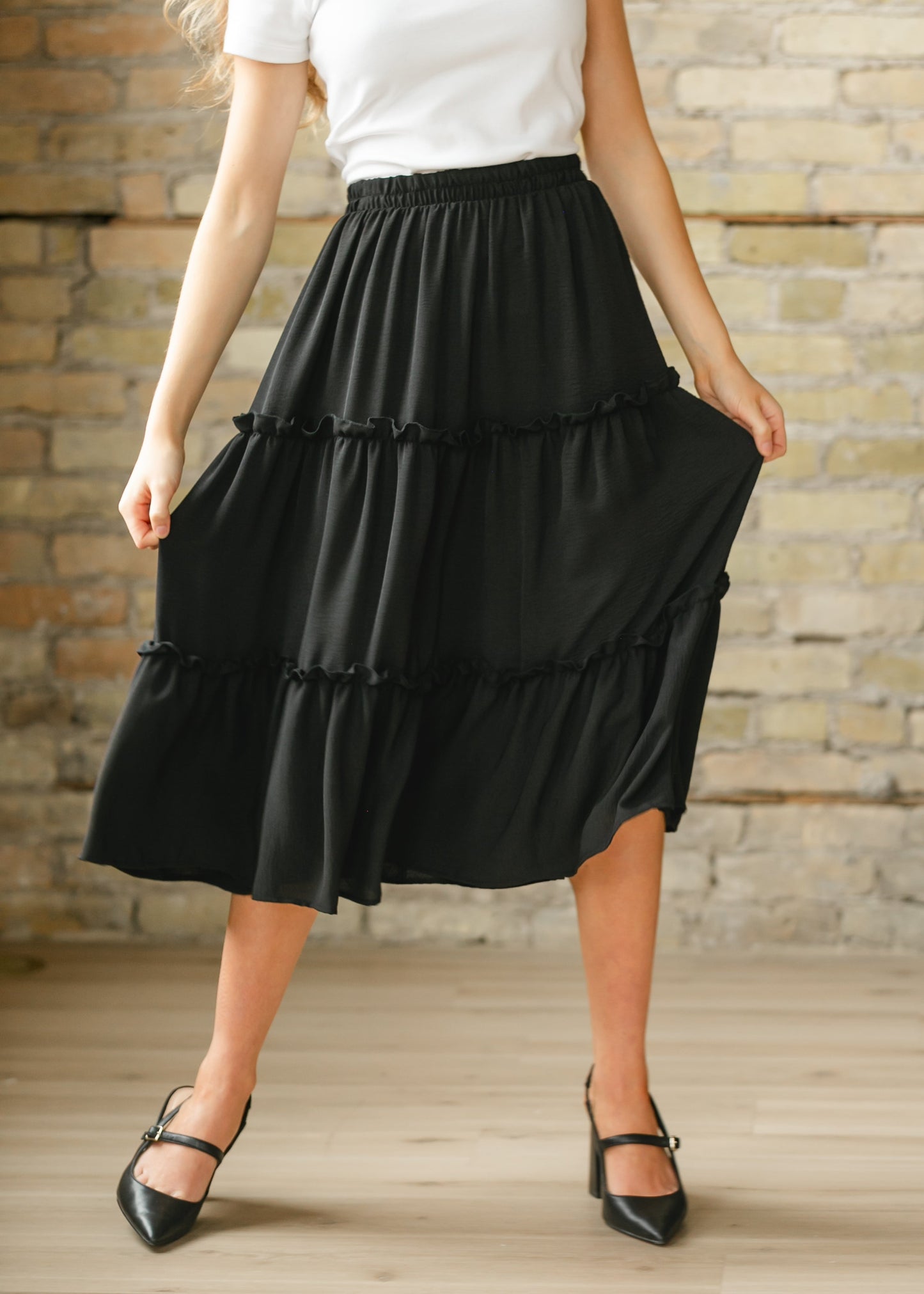 Ruffle Tiered Midi Skirt Elastic Waistband Giana