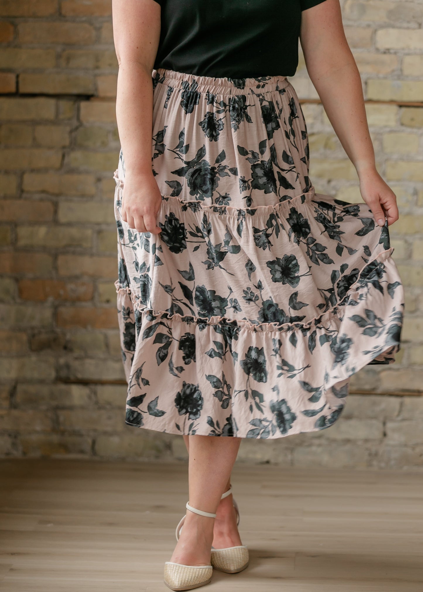 Ruffle Tiered Midi Skirt Elastic Waistband Giana