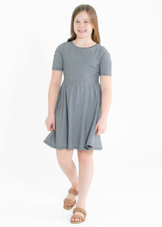 Girl's Skater Midi Dress Black/White Cotton Saylor